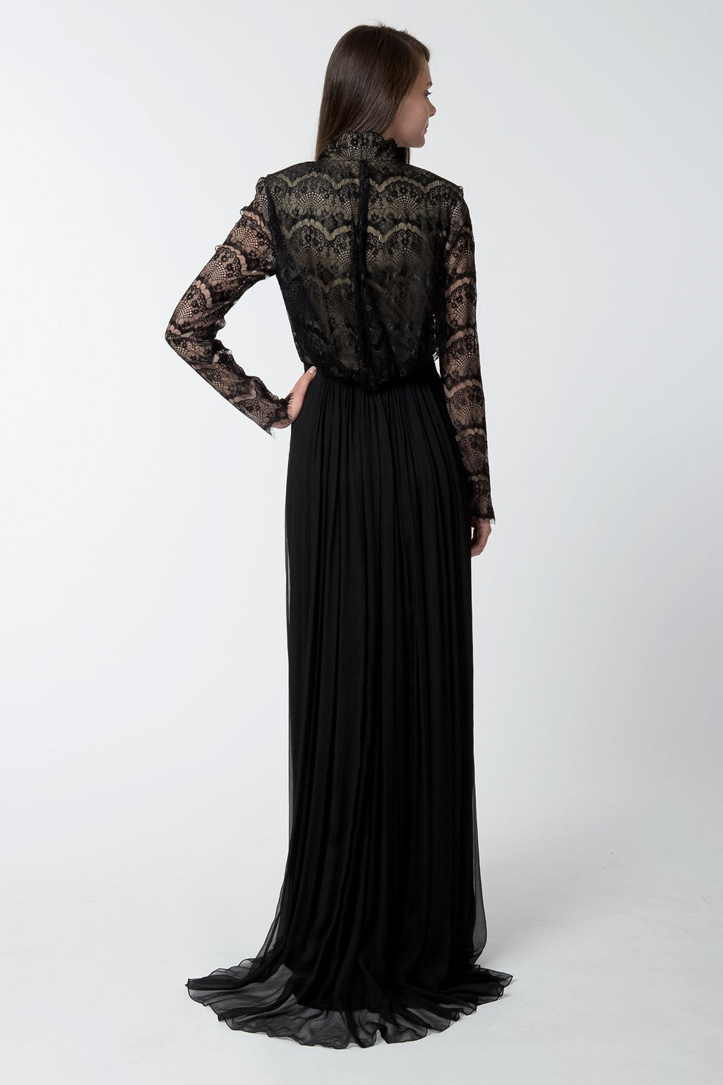 High Neck Long Sleeve Gown in Black / Nude