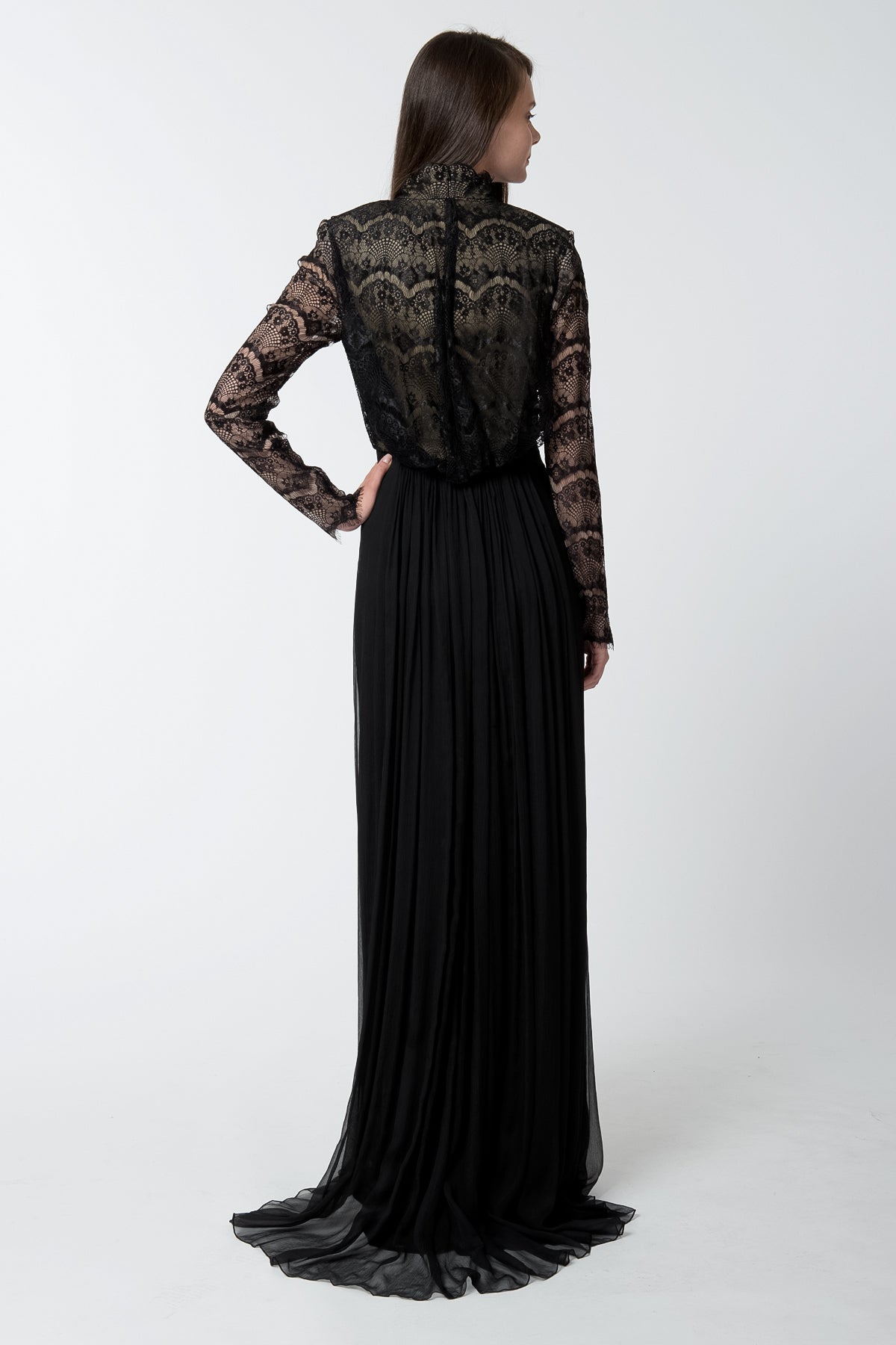 High Neck Long Sleeve Gown in Black / Nude
