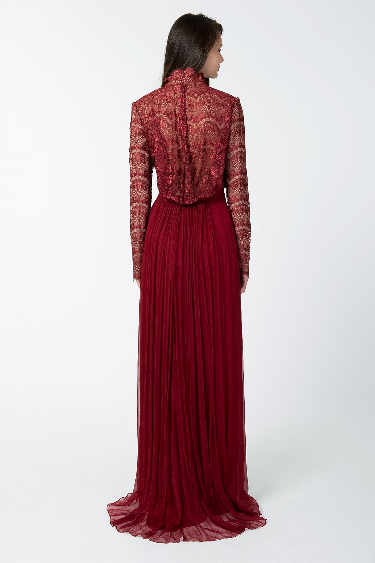 High Neck Long Sleeve Gown in Burgundy