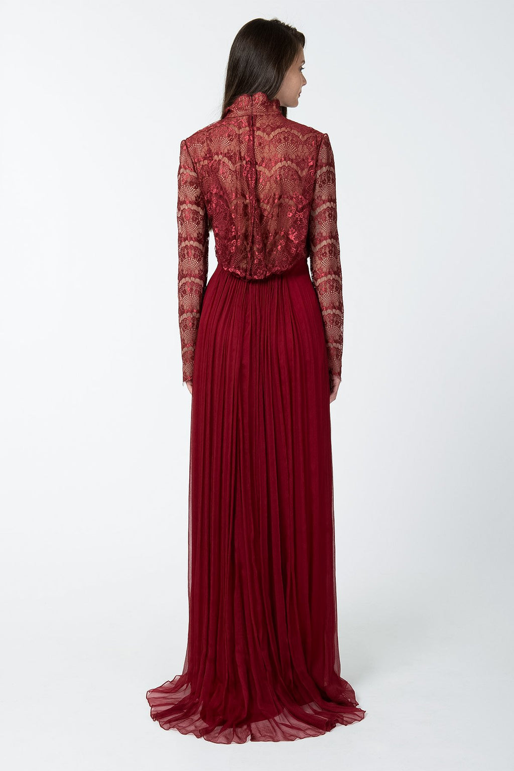 High Neck Long Sleeve Gown in Burgundy