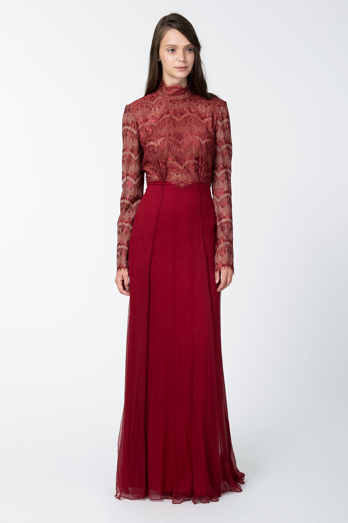 High Neck Long Sleeve Gown in Burgundy