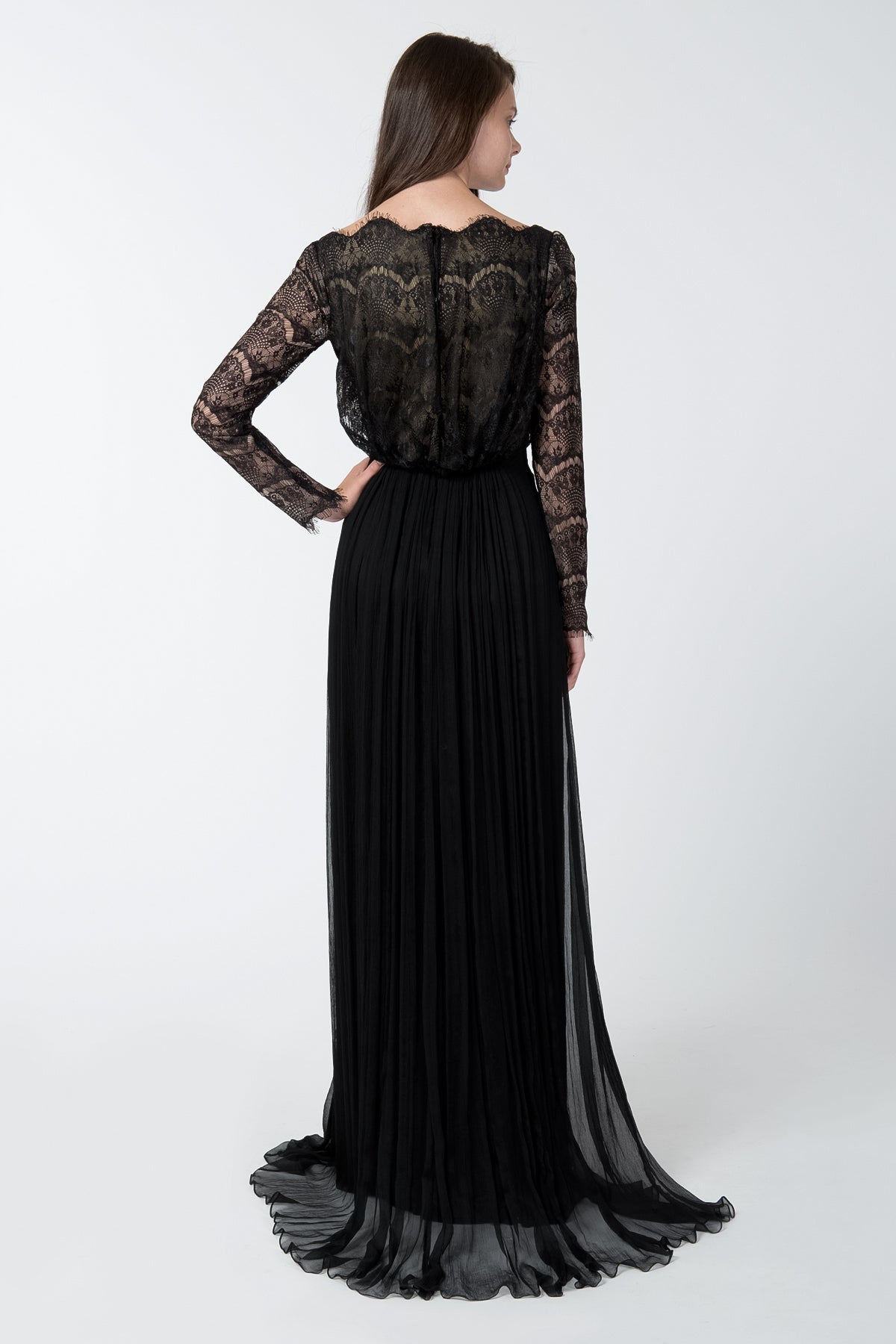 High Neck Long Sleeve Gown in Black / Nude
