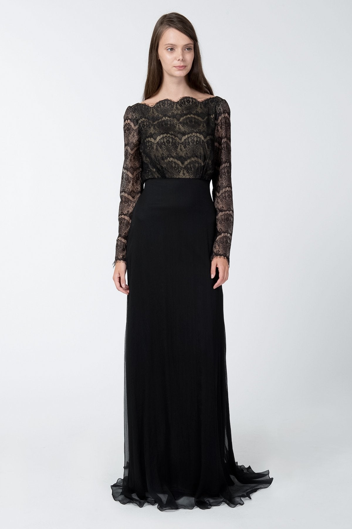 High Neck Long Sleeve Gown in Black / Nude