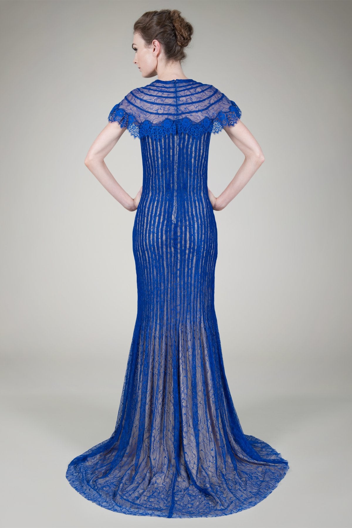Pleated Chantilly Lace Gown in Marina