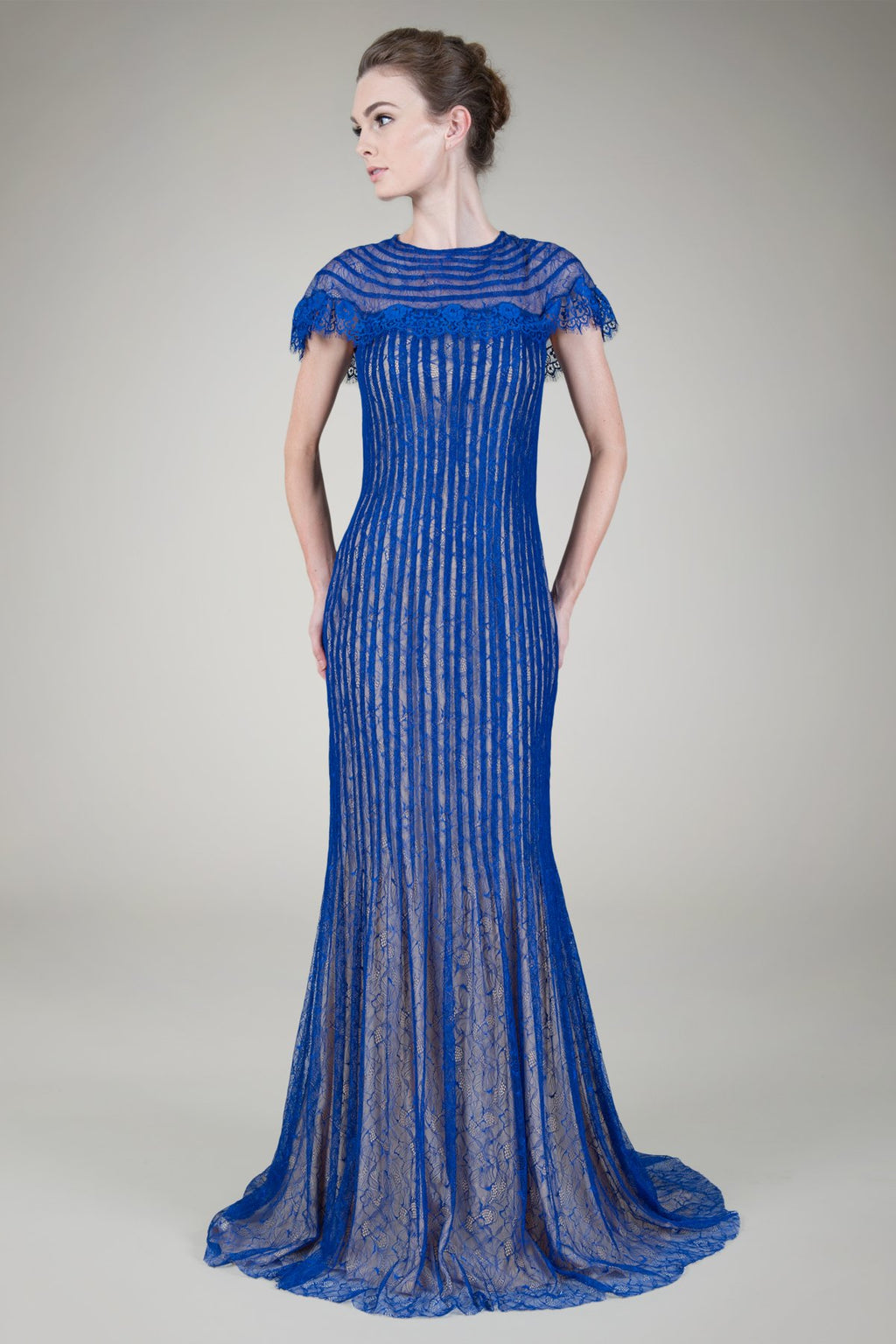 Pleated Chantilly Lace Gown in Marina