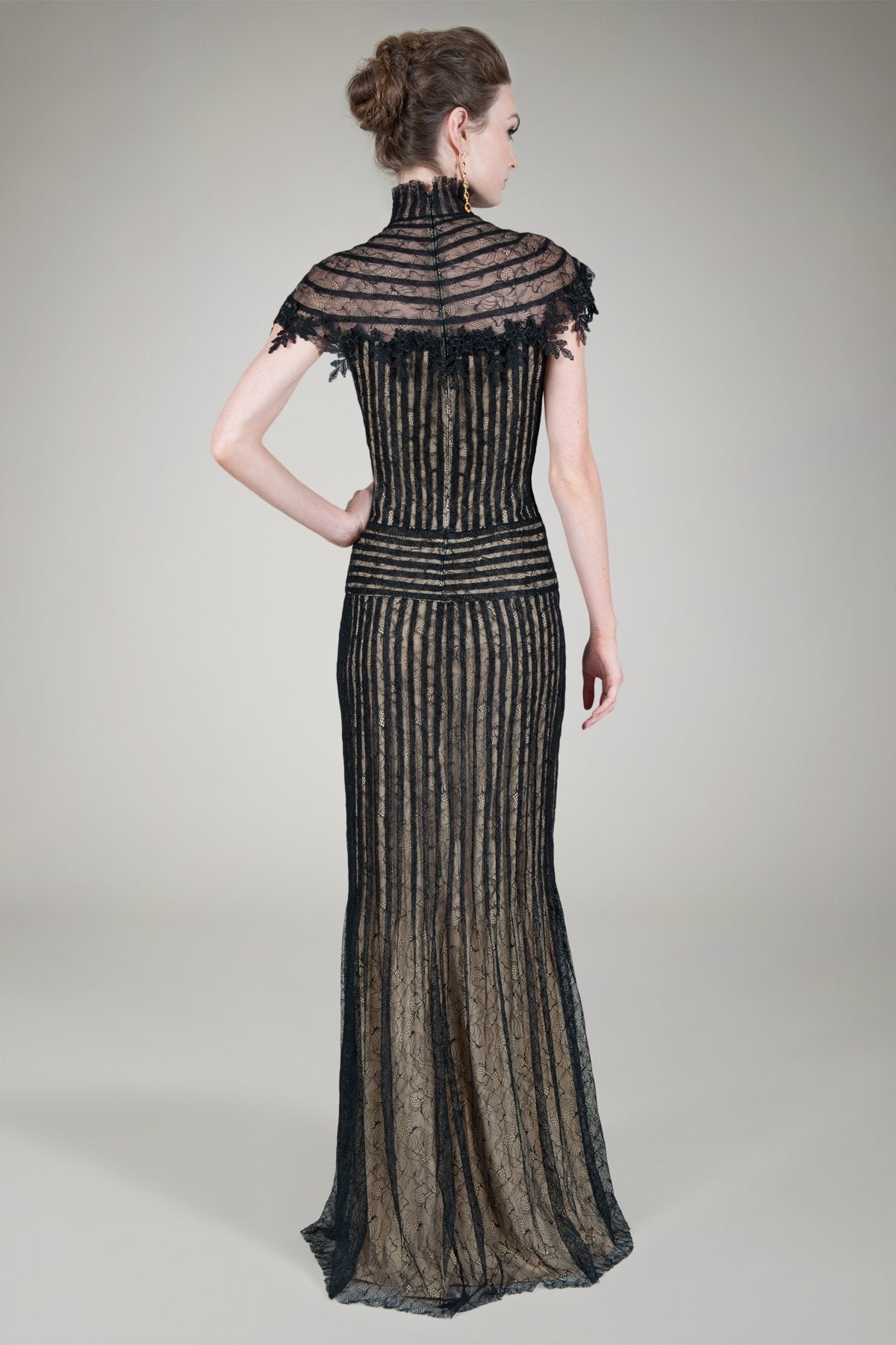 Pleated Chantilly Lace Gown in Black / Nude