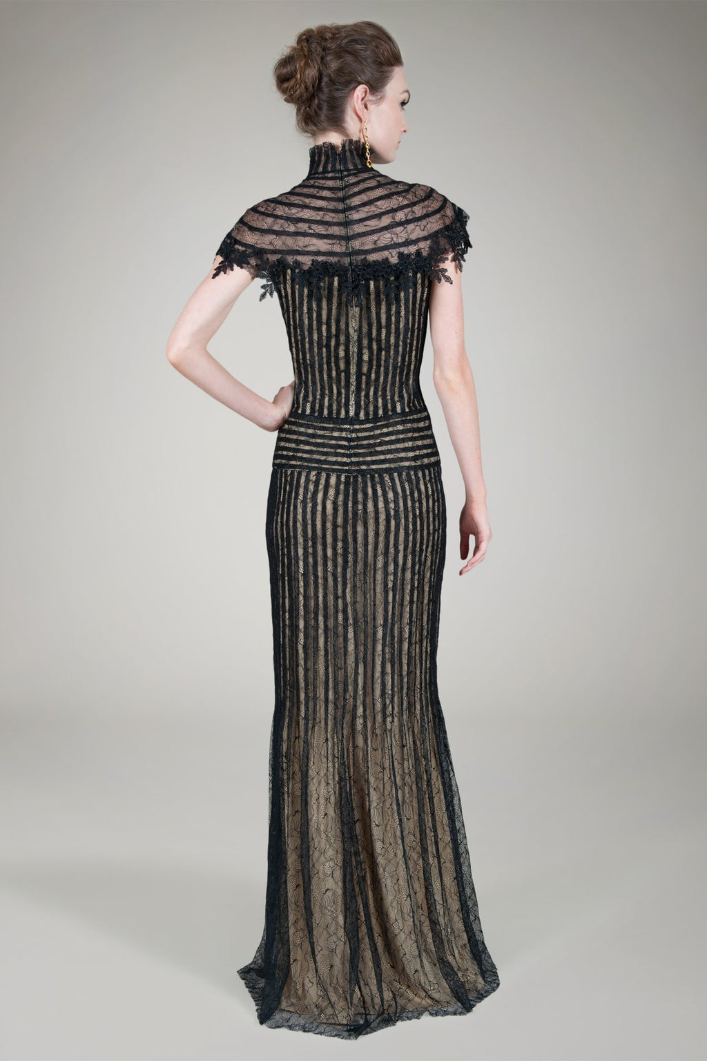 Pleated Chantilly Lace Gown in Black / Nude