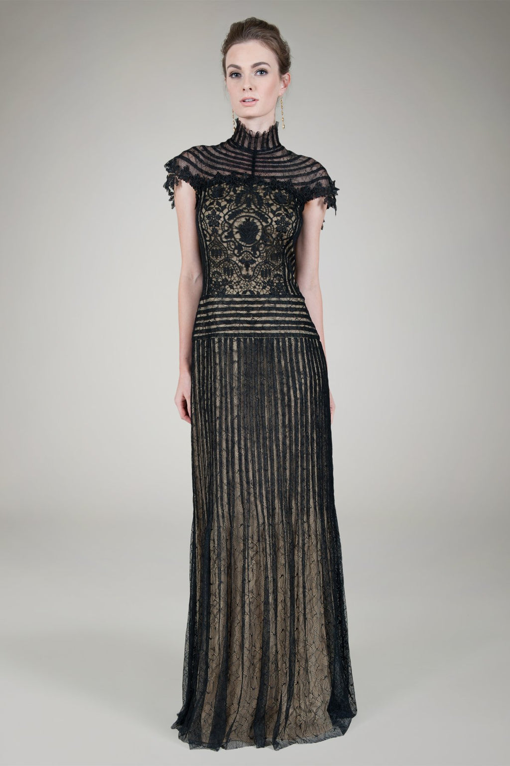 Pleated Chantilly Lace Gown in Black / Nude