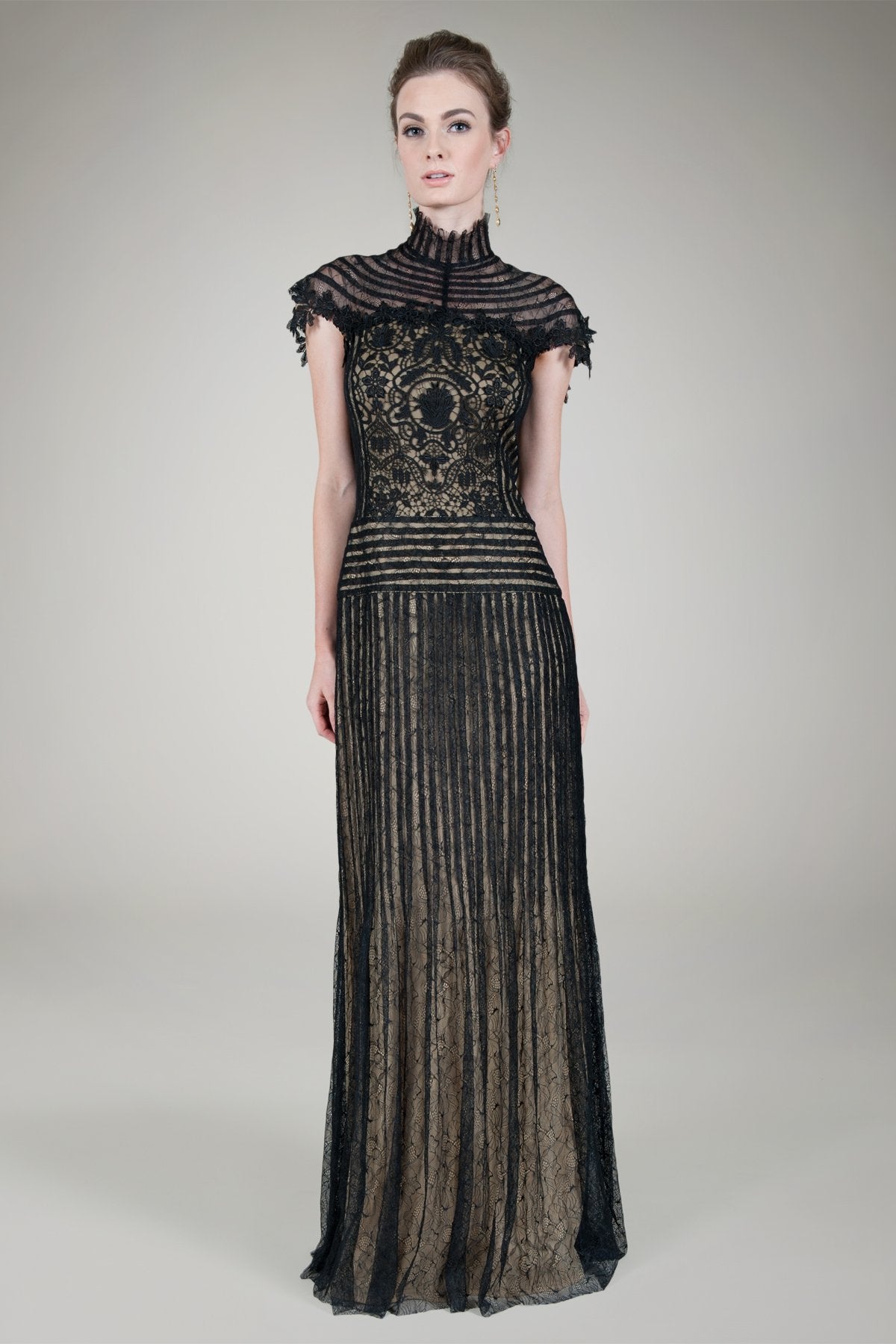 Pleated Chantilly Lace Gown in Black / Nude