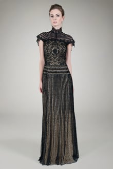 Pleated Chantilly Lace Gown in Black / Nude