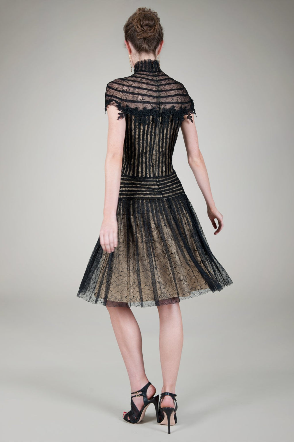 Pleated Chantilly Lace High Neck Cocktail Dress in Black / Nude