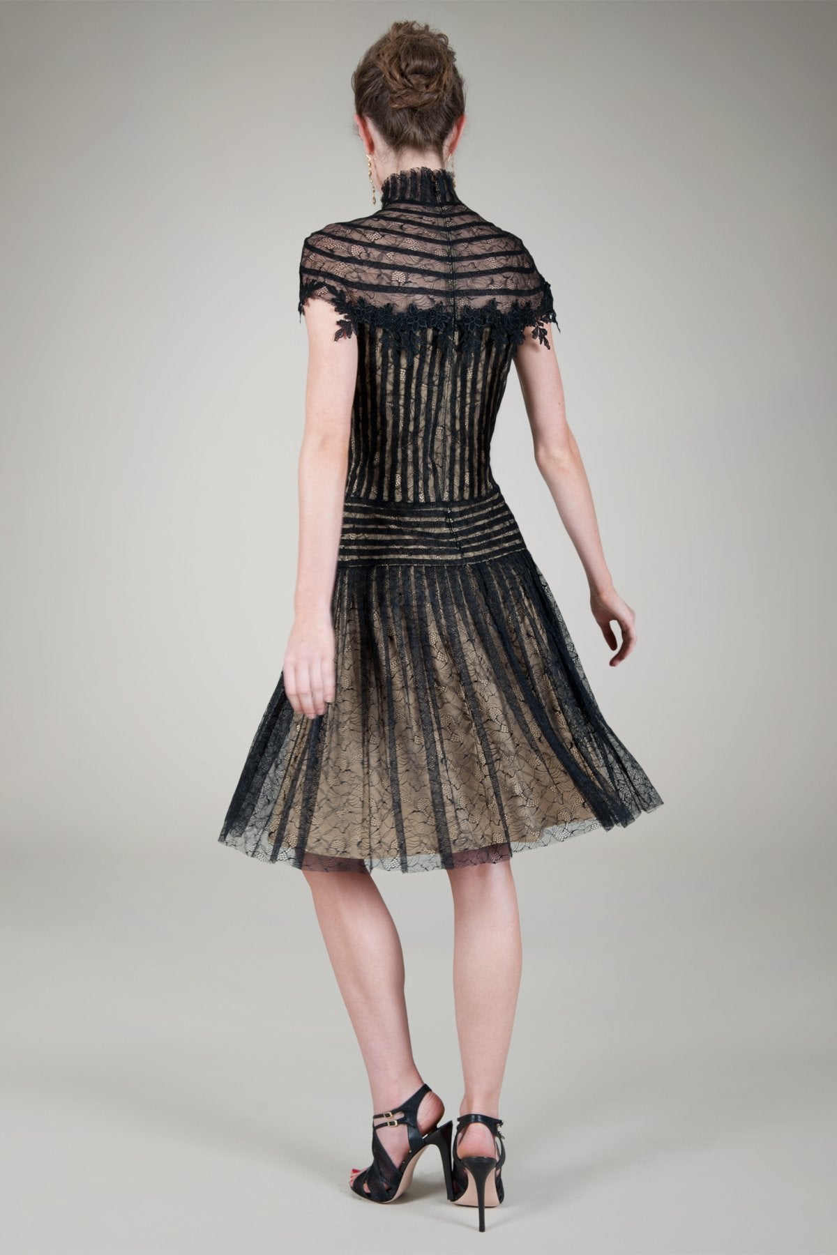 Pleated Chantilly Lace High Neck Cocktail Dress in Black / Nude