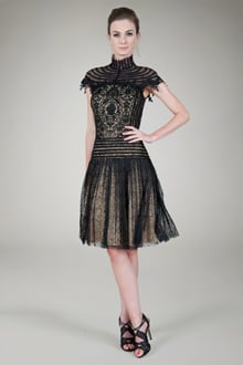 Pleated Chantilly Lace High Neck Cocktail Dress in Black / Nude