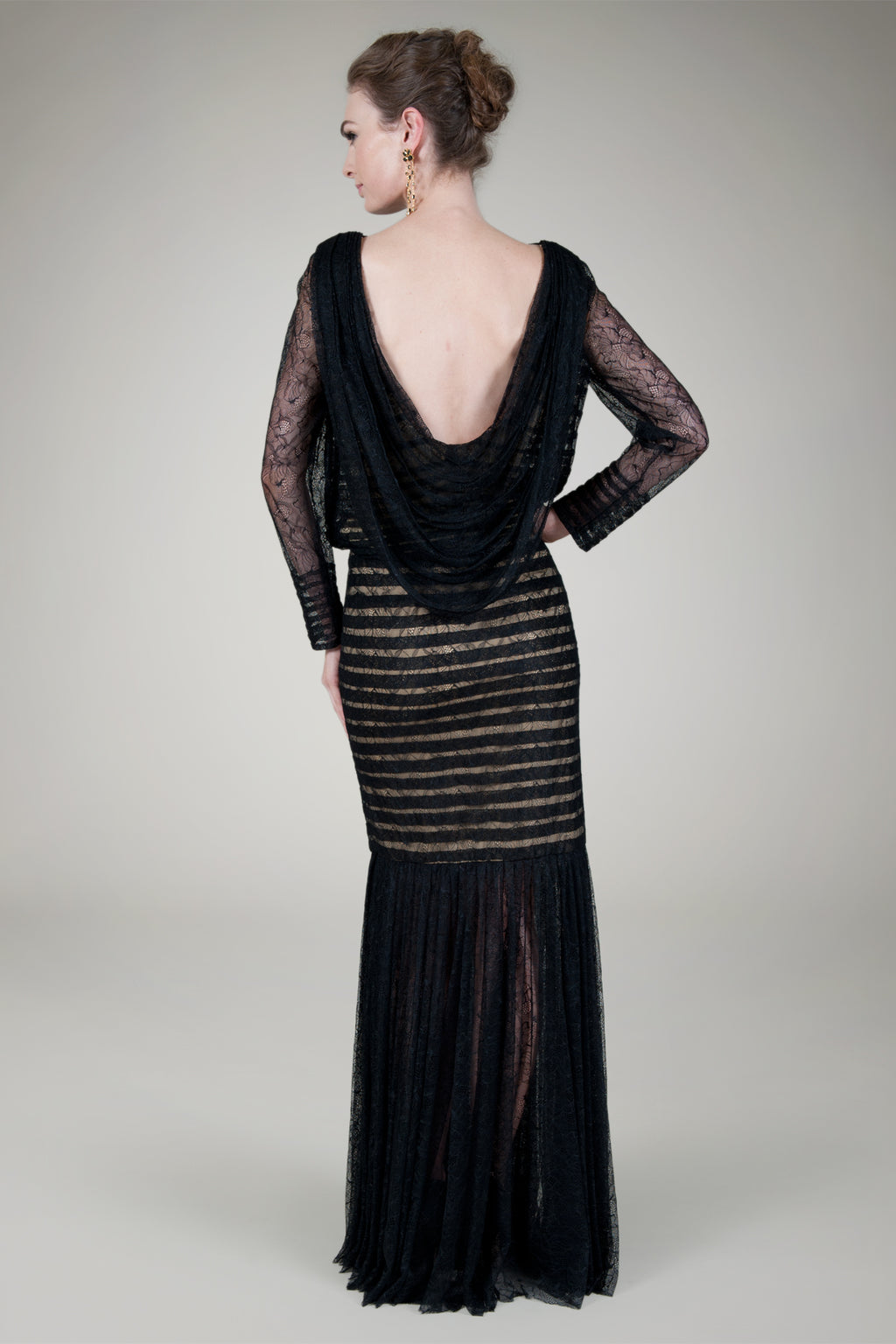 Pleated Chantilly Lace Blouson Gown in Black / Nude