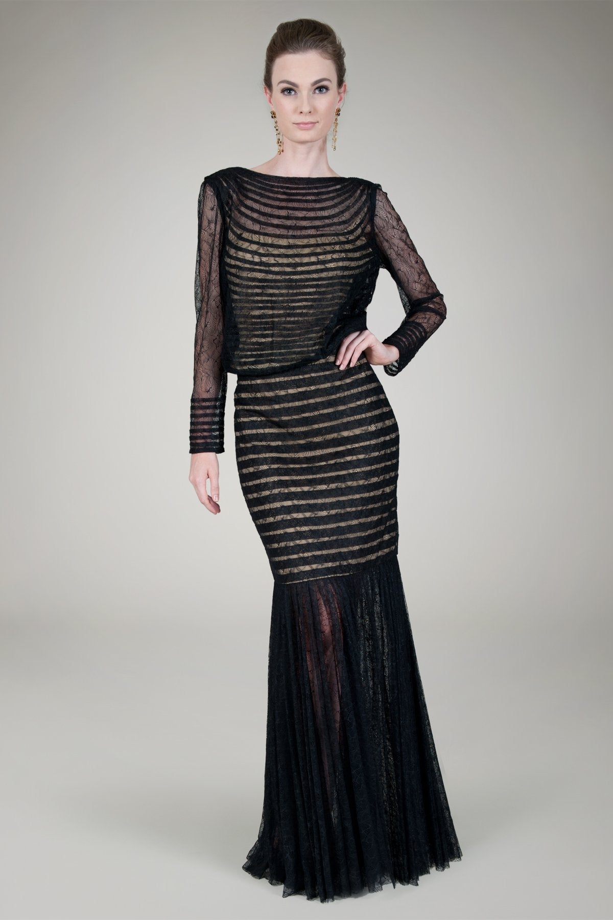 Pleated Chantilly Lace Blouson Gown in Black / Nude