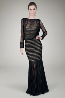 Pleated Chantilly Lace Blouson Gown in Black / Nude