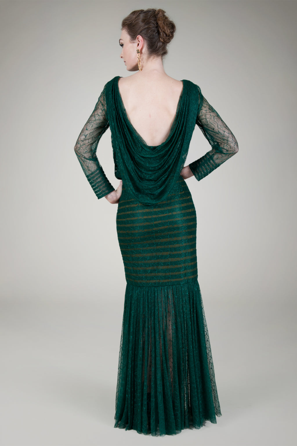 Pleated Chantilly Lace Blouson Gown in Seagrass