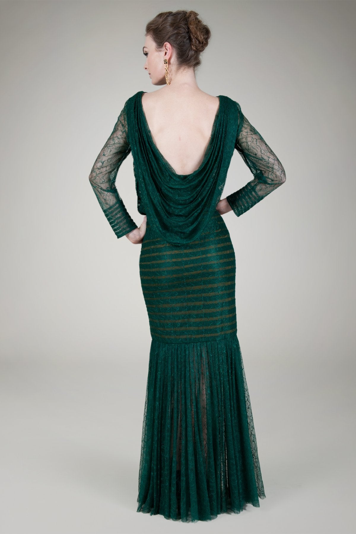 Pleated Chantilly Lace Blouson Gown in Seagrass