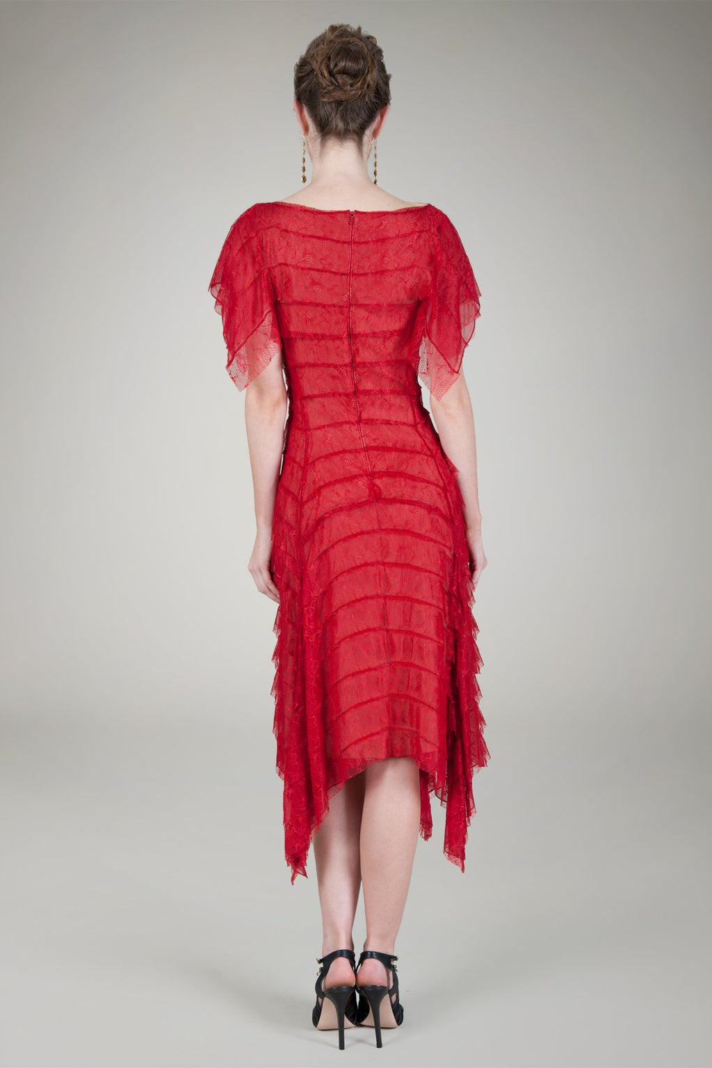 Hand Cut Tiered Chantilly Lace Cocktail Dress in Flame