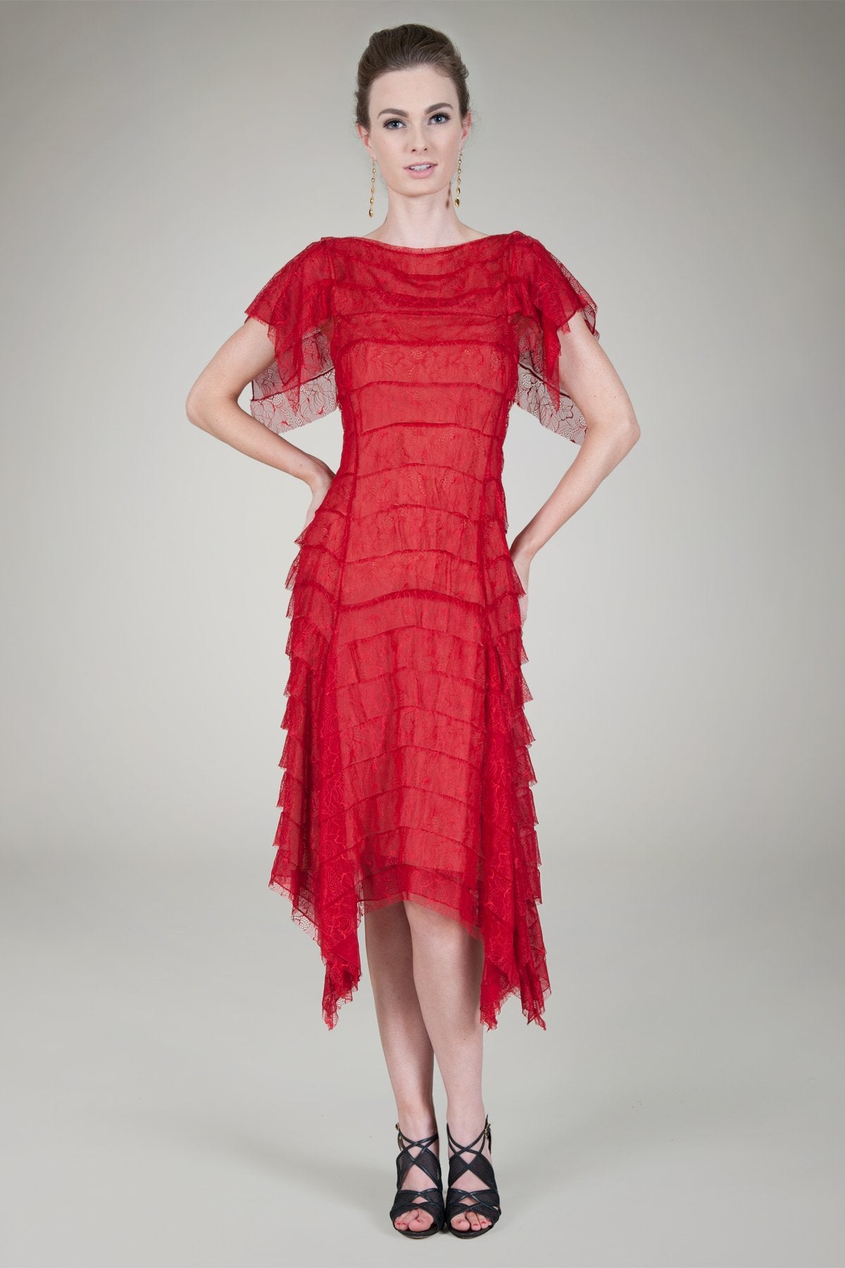 Hand Cut Tiered Chantilly Lace Cocktail Dress in Flame