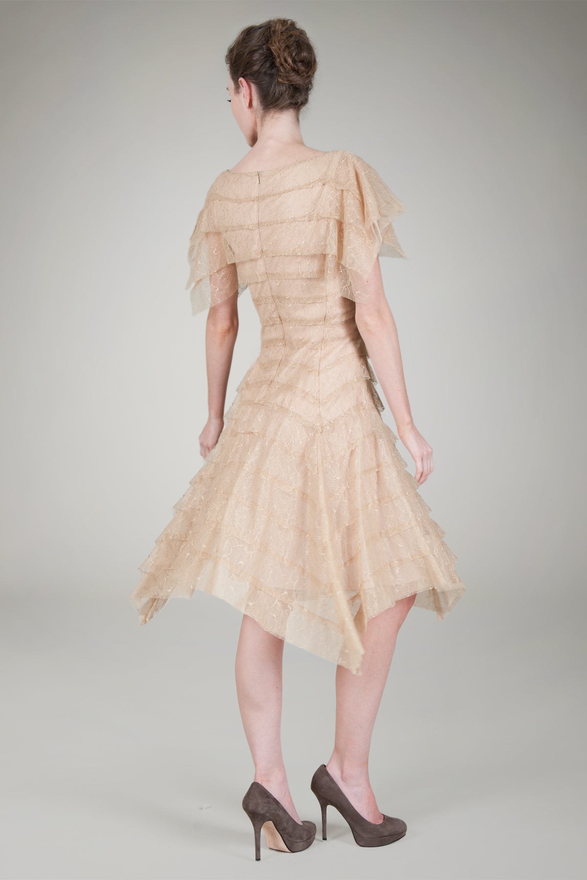 Hand Cut Tiered Chantilly Lace Cocktail Dress in Ginseng