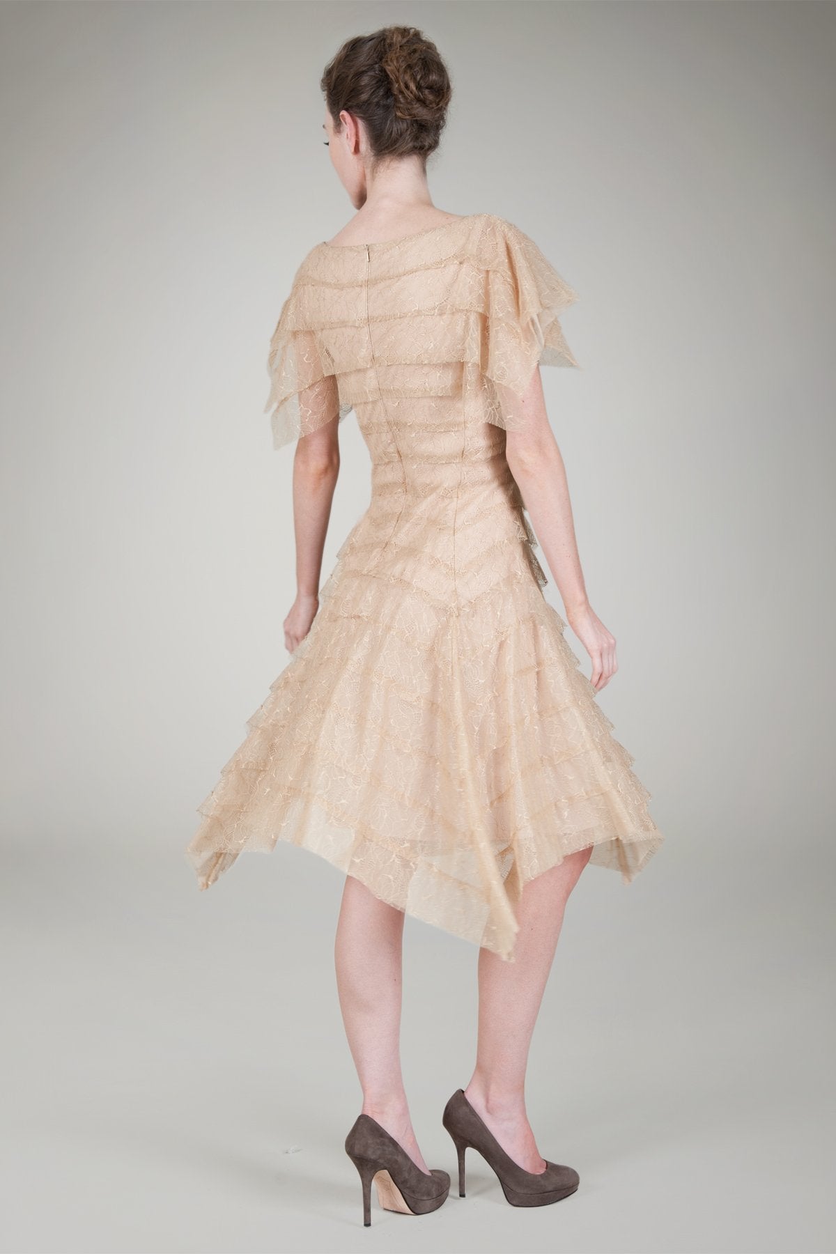 Hand Cut Tiered Chantilly Lace Cocktail Dress in Ginseng – Tadashi Shoji Official Online Boutique