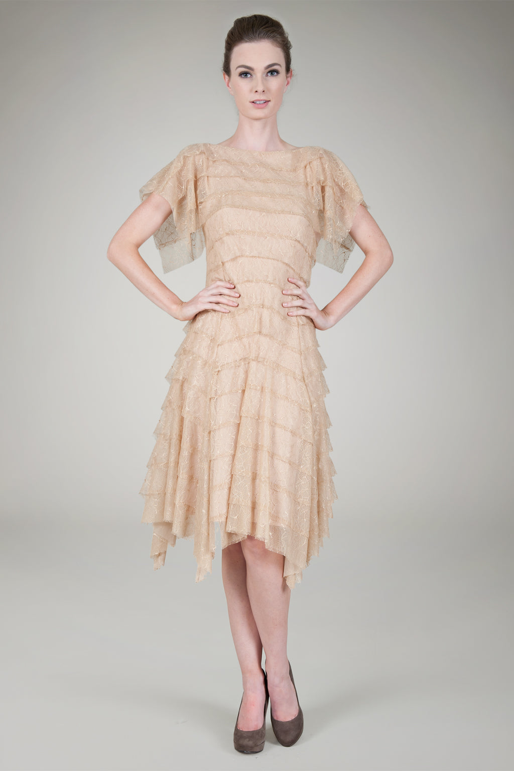 Hand Cut Tiered Chantilly Lace Cocktail Dress in Ginseng