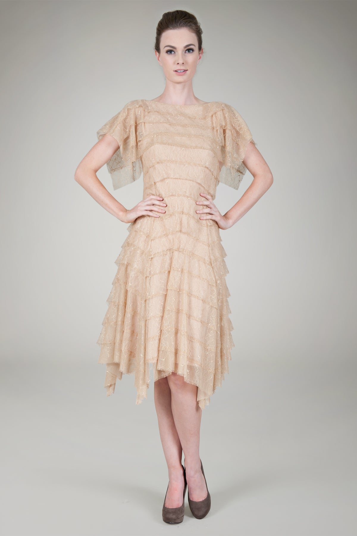 Hand Cut Tiered Chantilly Lace Cocktail Dress in Ginseng