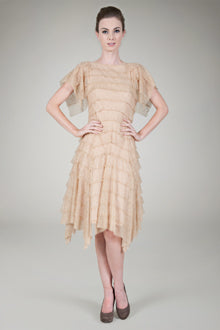 Hand Cut Tiered Chantilly Lace Cocktail Dress in Ginseng