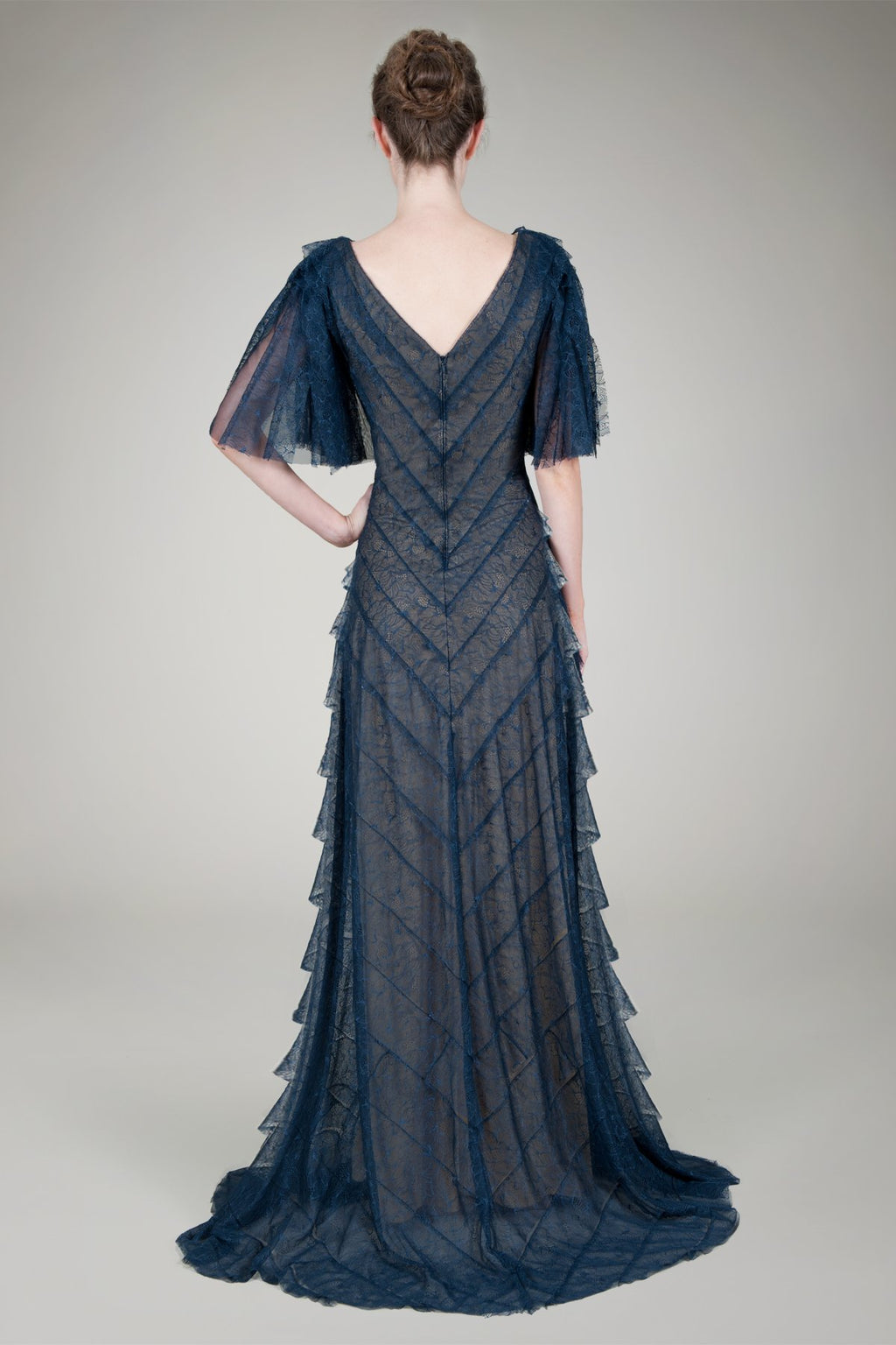 Hand Cut Chantilly Lace Bias Tiered Gown in Navy / Nude