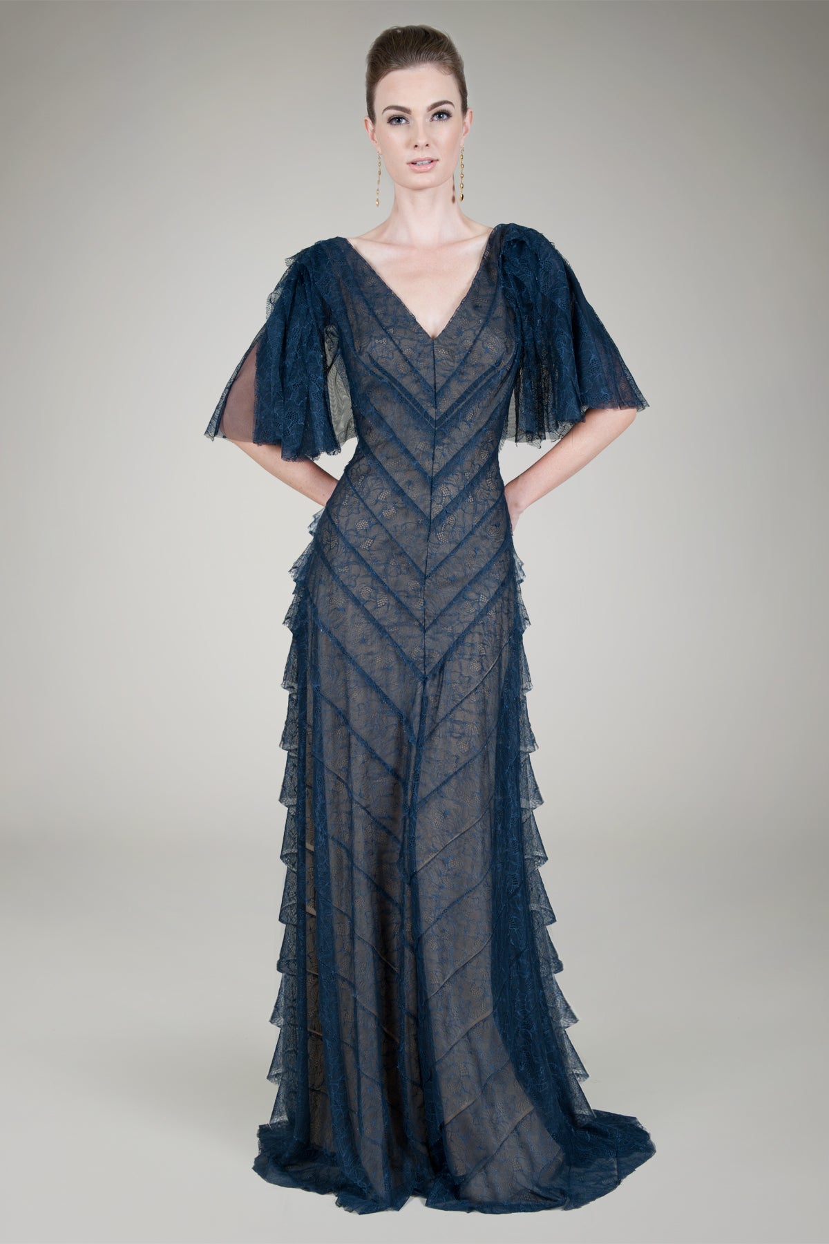 Hand Cut Chantilly Lace Bias Tiered Gown in Navy / Nude