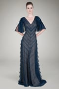 Hand Cut Chantilly Lace Bias Tiered Gown in Navy / Nude