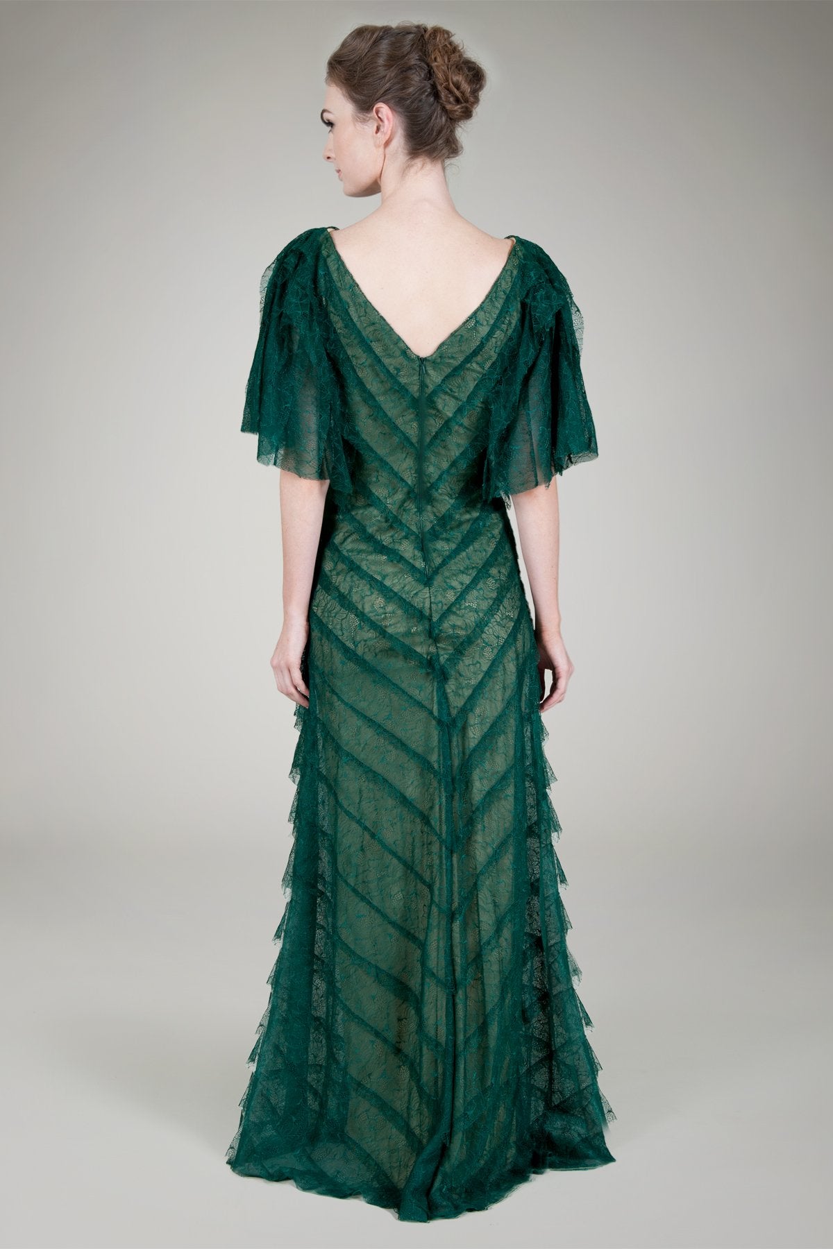 Hand Cut Chantilly Lace Bias Tiered Gown in Seagrass