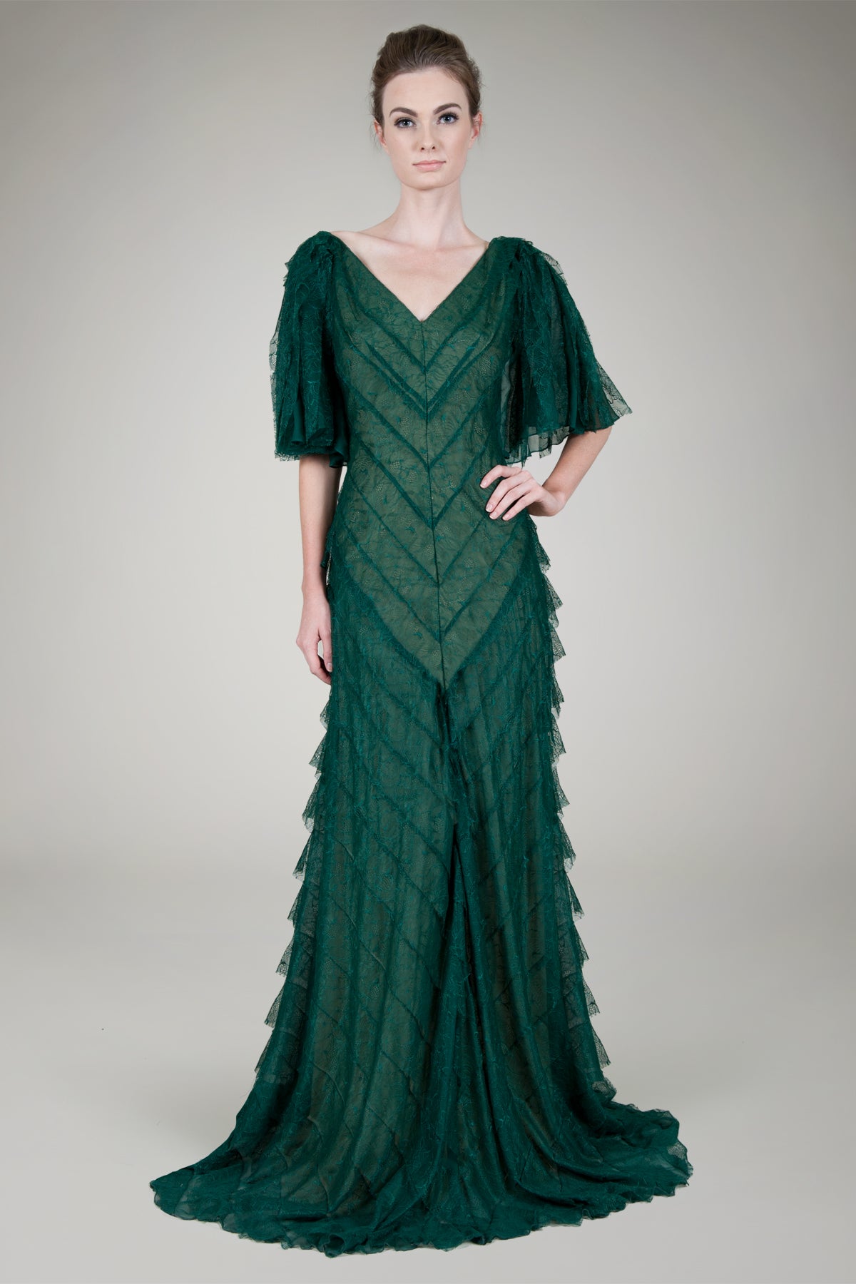 Hand Cut Chantilly Lace Bias Tiered Gown in Seagrass
