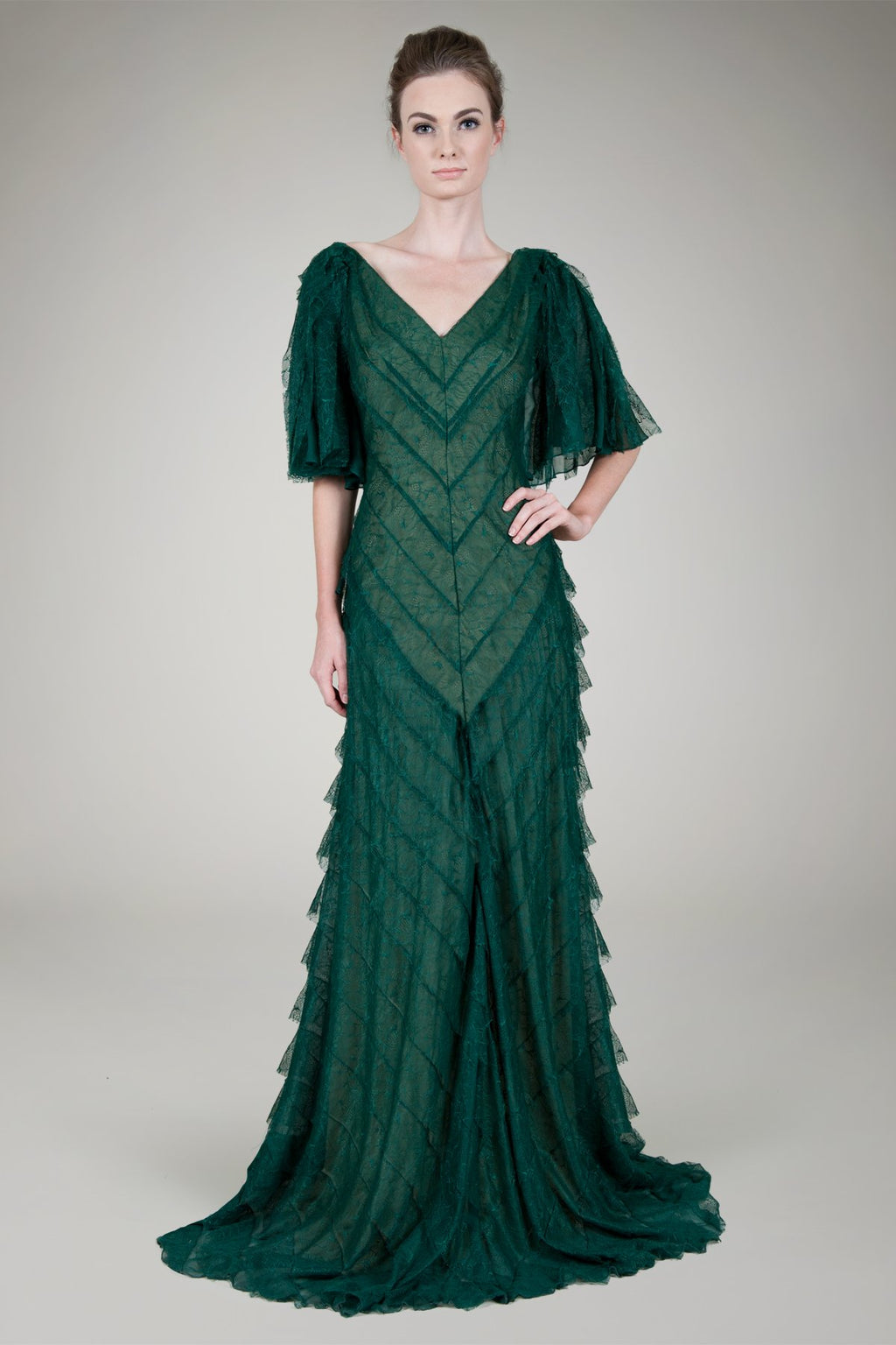 Hand Cut Chantilly Lace Bias Tiered Gown in Seagrass