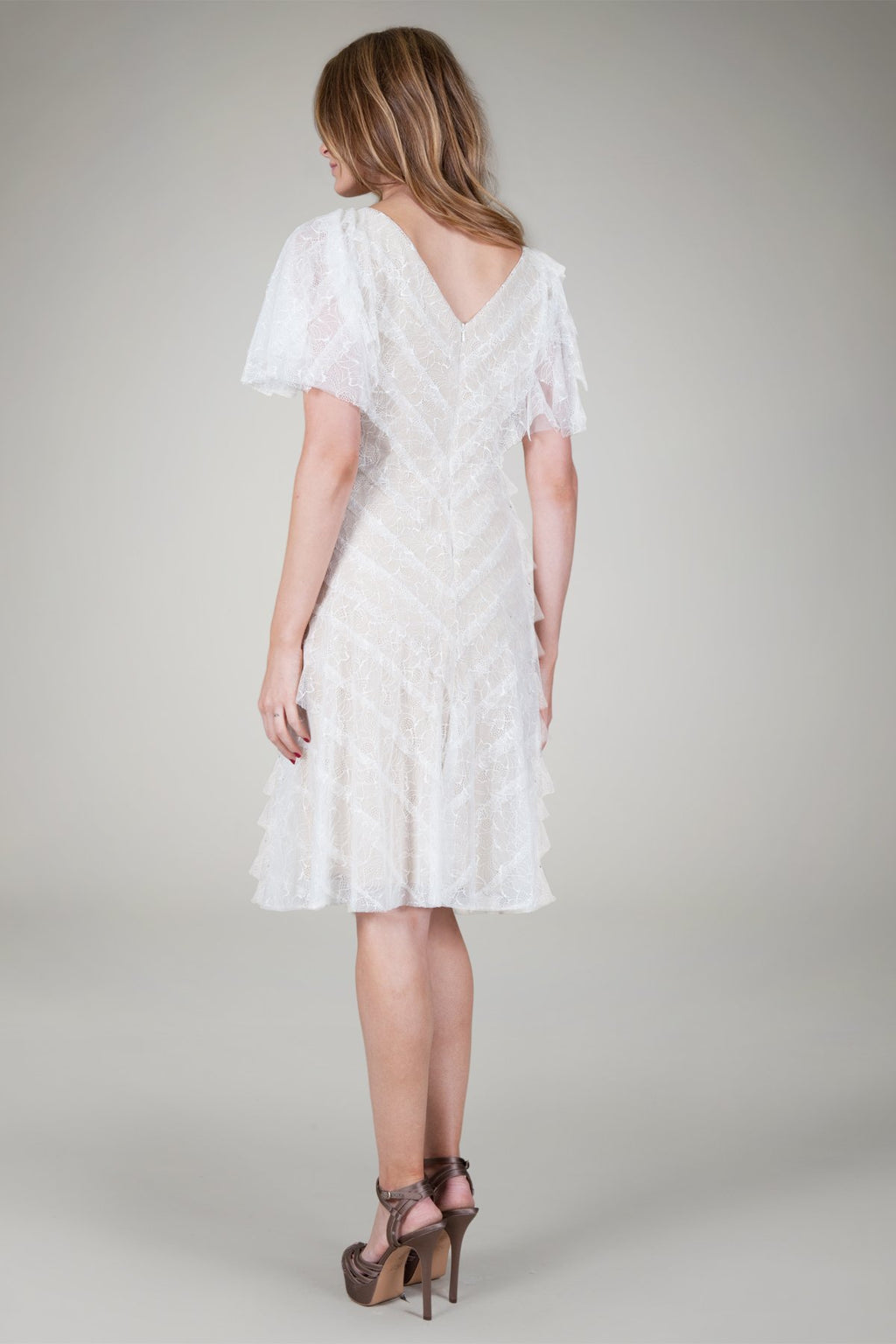 Hand Cut Chantilly Lace Bias Tiered Dress in Ivory