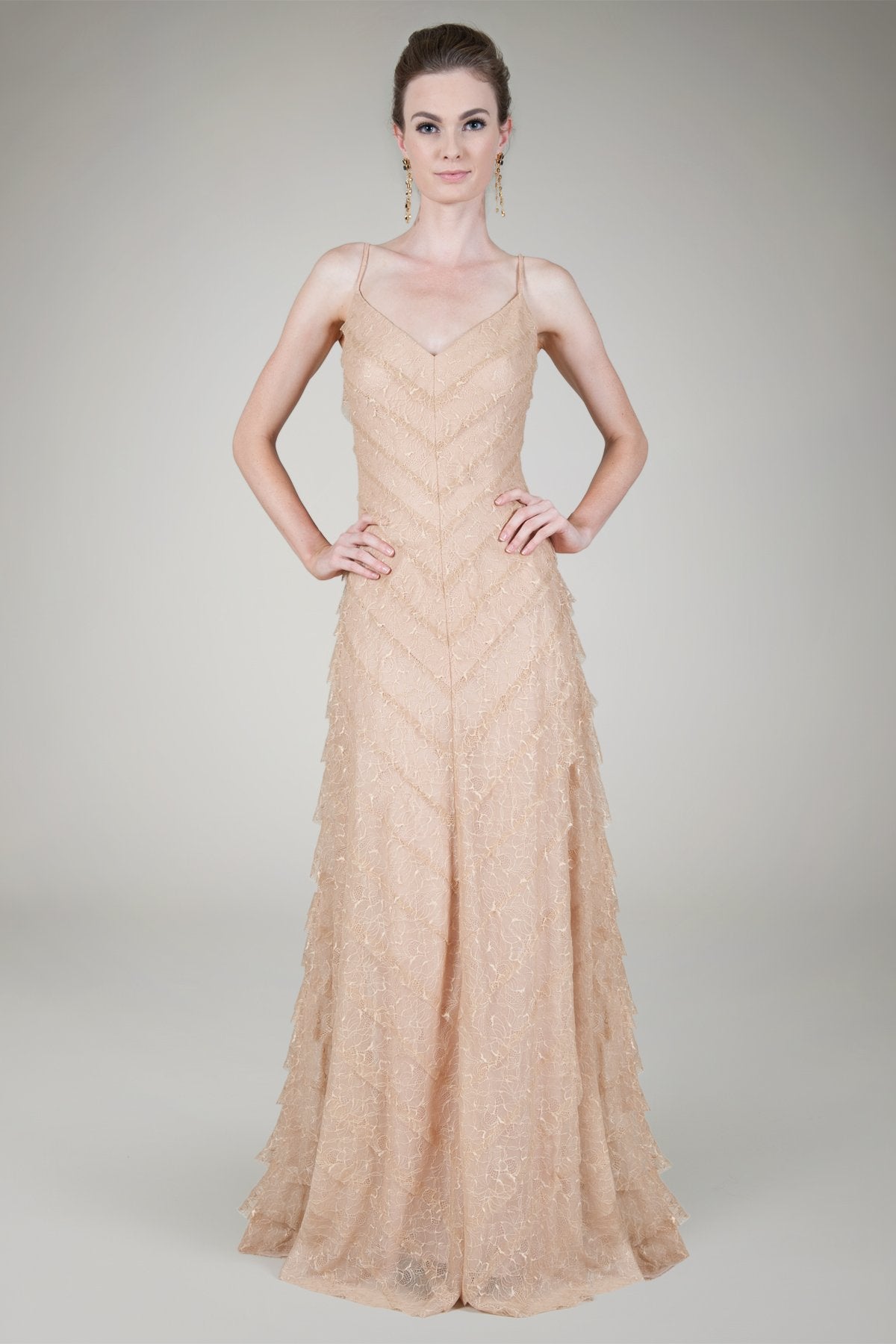 Hand Cut Chantilly Lace A-Line Gown in Ginseng
