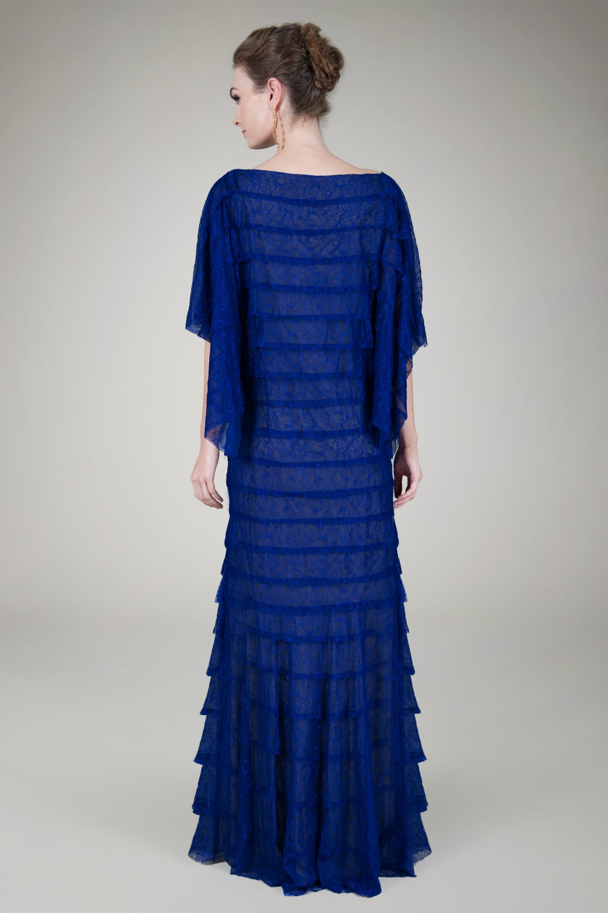 Hand Cut Tiered Chantilly Lace Gown in Marina
