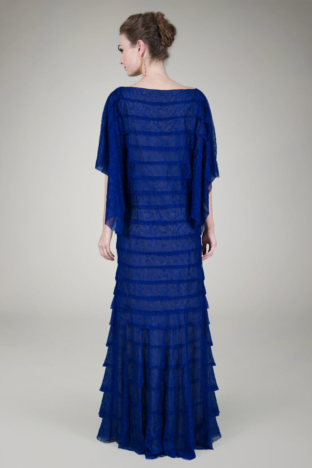 Hand Cut Tiered Chantilly Lace Gown in Marina
