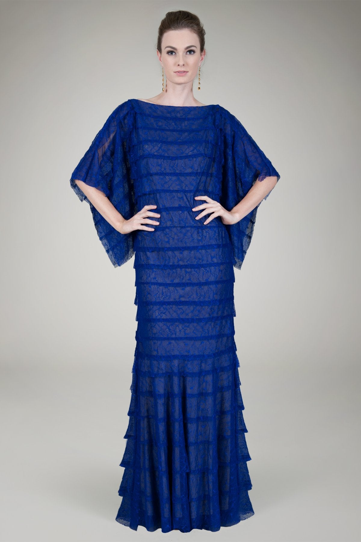 Hand Cut Tiered Chantilly Lace Gown in Marina
