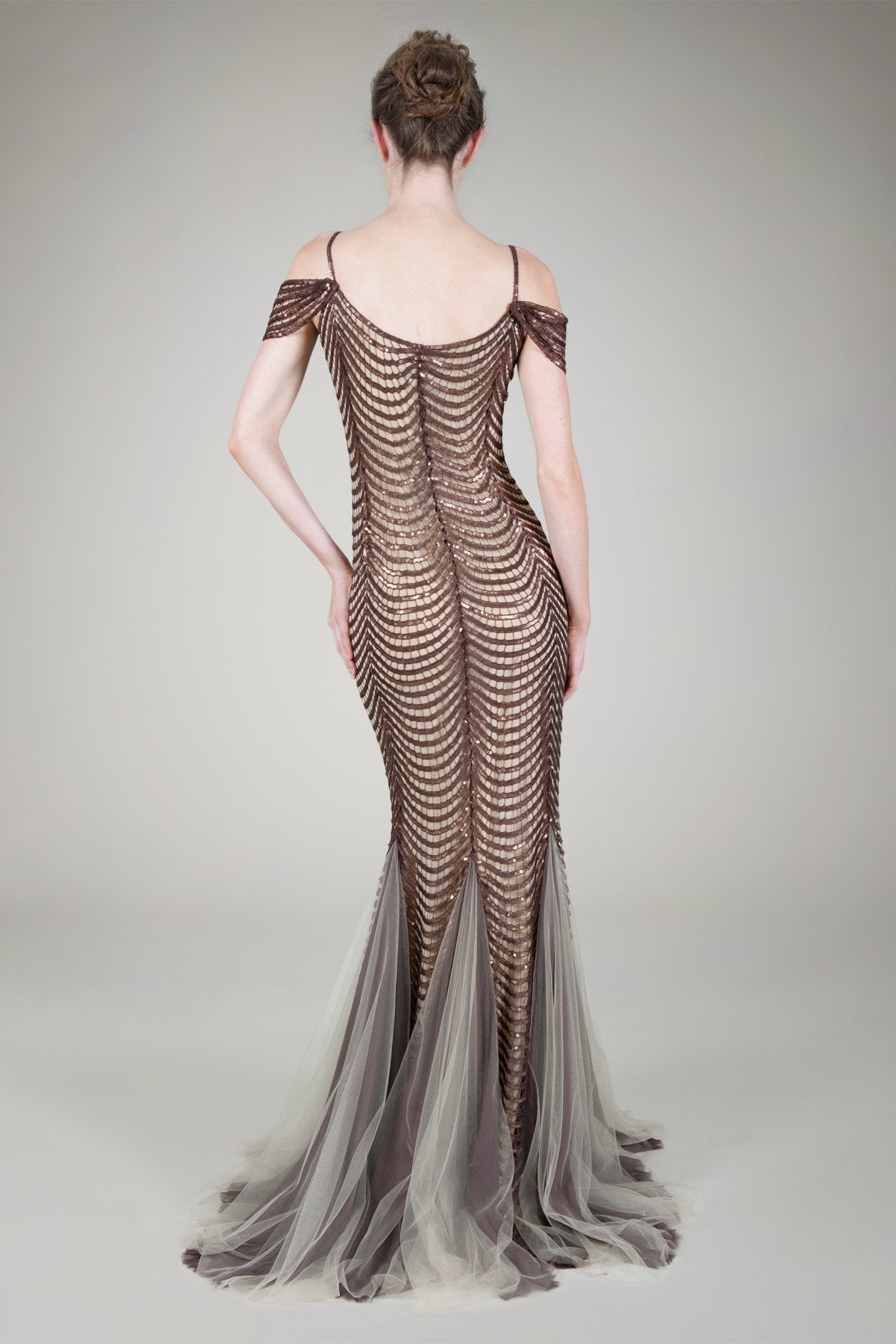 Paillette Embroidered Scallop Gown in Brown / Nude