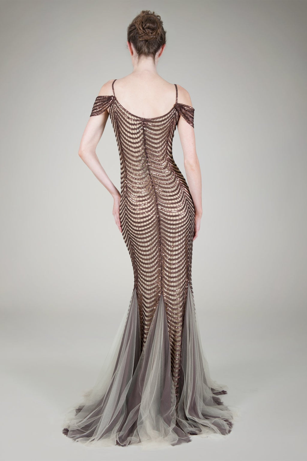 Paillette Embroidered Scallop Gown in Brown / Nude