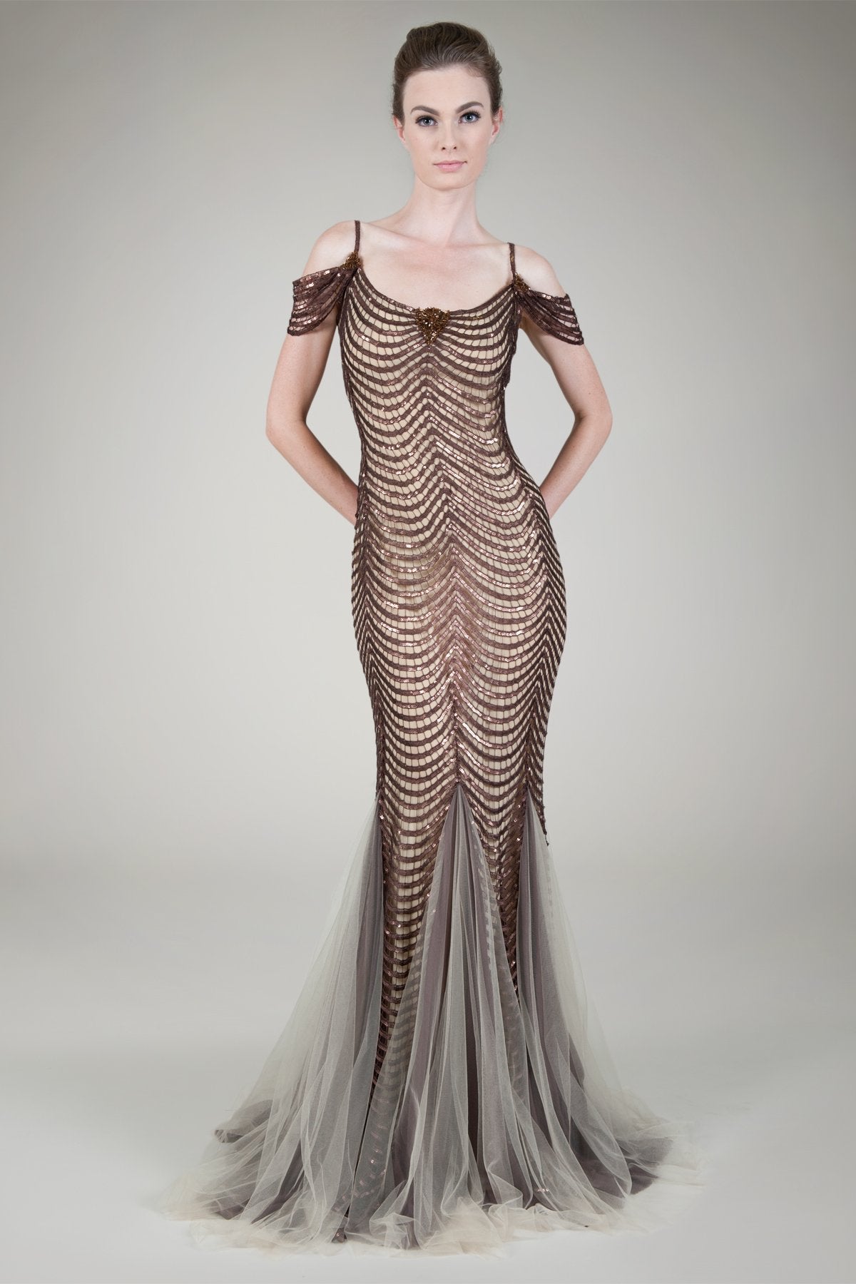 Paillette Embroidered Scallop Gown in Brown / Nude