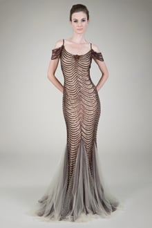 Paillette Embroidered Scallop Gown in Brown / Nude