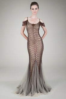 Paillette Embroidered Scallop Gown in Brown / Nude