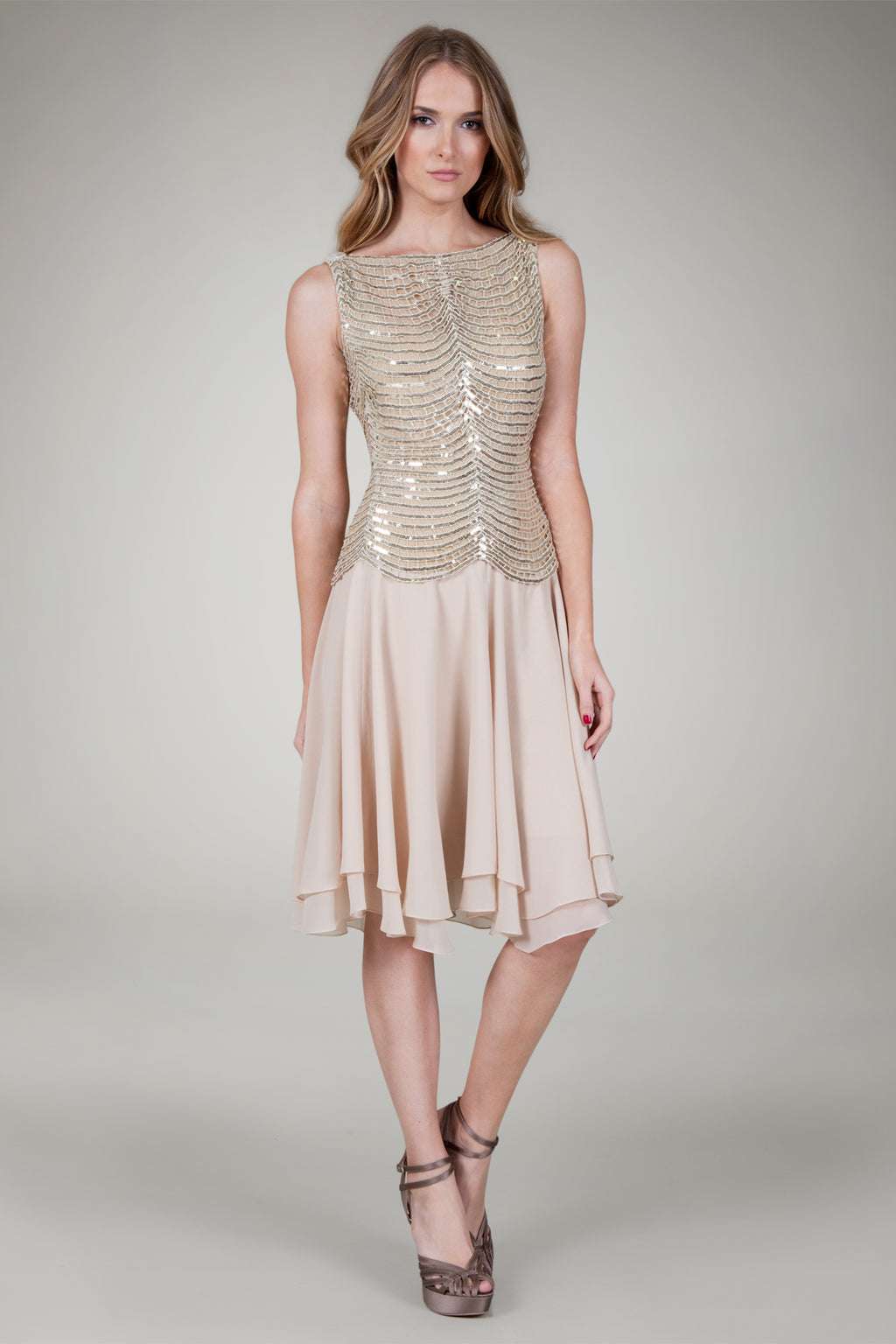 Sequin Crochet Cocktail Dress in Gold