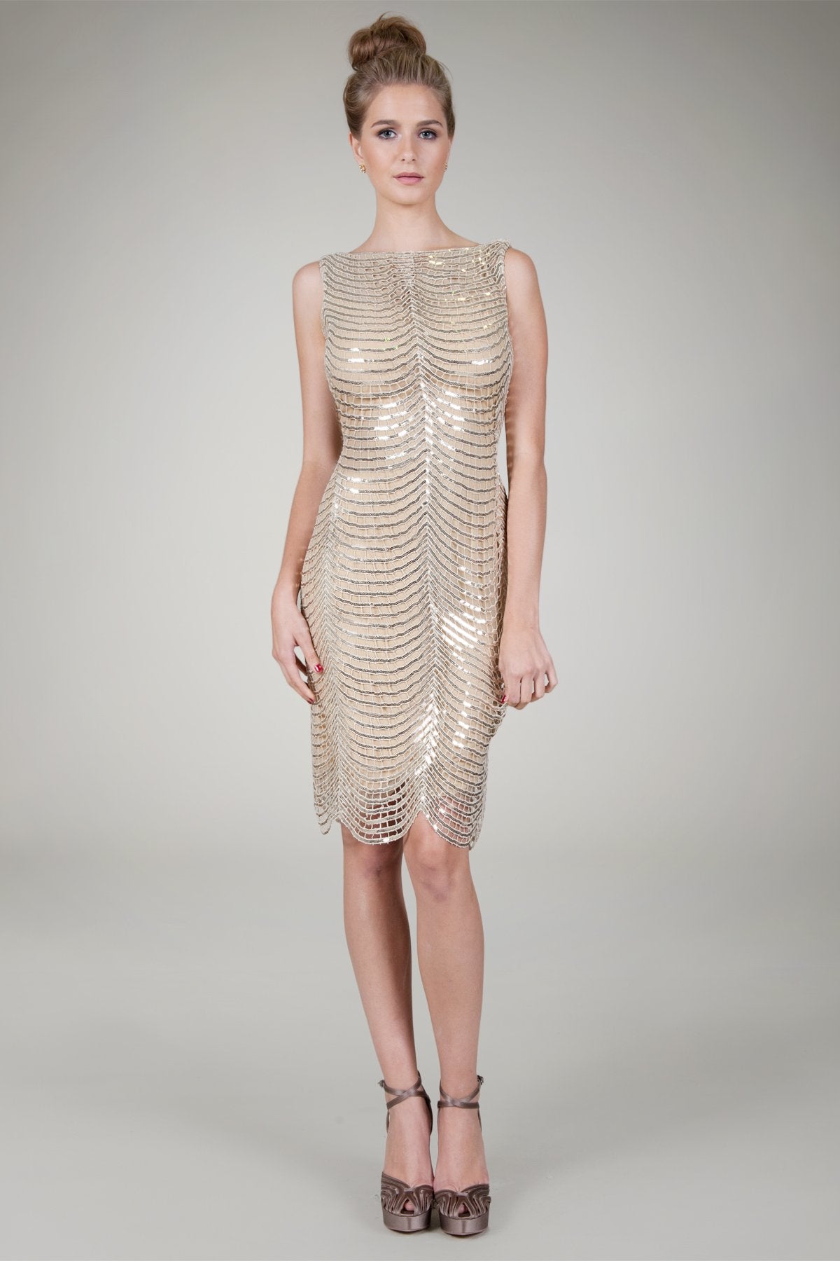 Sequin Crochet Cocktail Dress in Gold