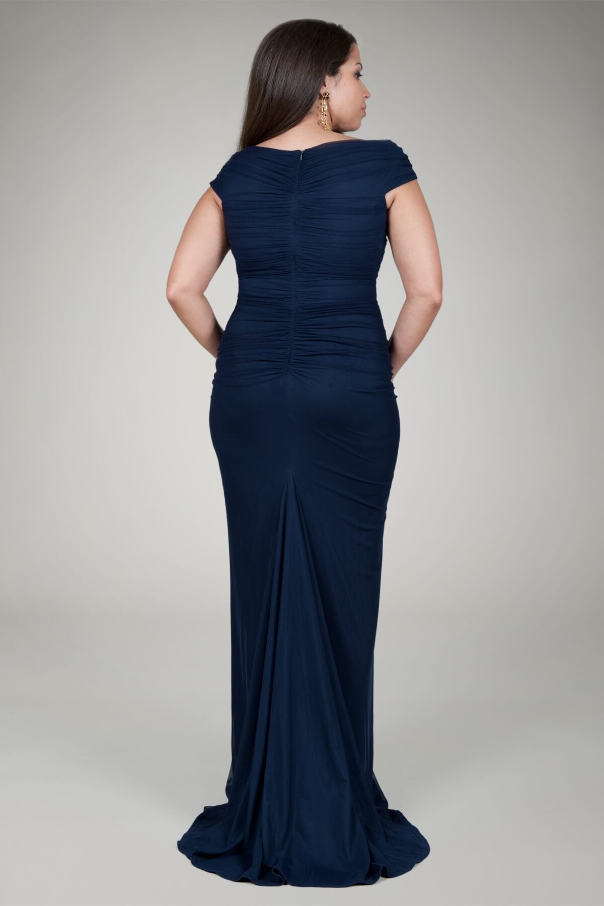Draped Mesh Gown in Navy