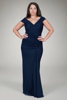 Draped Mesh Gown in Navy