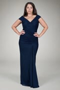 Draped Mesh Gown in Navy